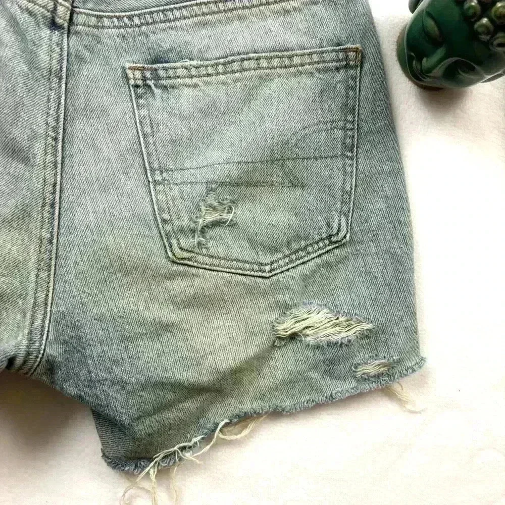 American Eagle ButtonFly Highrise Bleach Fade Distress Fray Denim Shorts Size 00